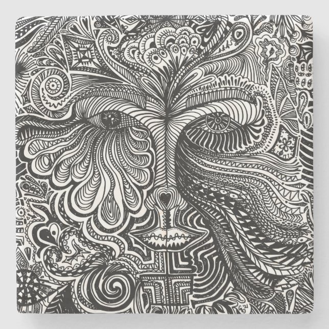 Schwarz-Weiß-Trippy-Line-Portrait Steinuntersetzer (Vorderseite)