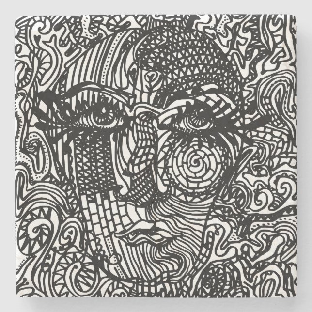Schwarz-Weiß-Trippy-Line-Portrait Steinuntersetzer (Vorderseite)