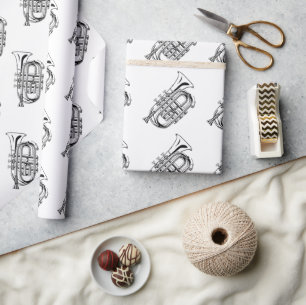 Schwarz-Weiß-Trompetenskizze Musikinstrument Geschenkpapier