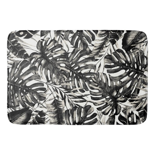 Schwarz-Weiß-Tropenpalme Blätter Insel Chic Badematte (Vorderseite)