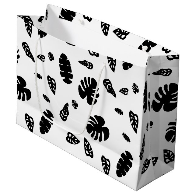 Schwarz-Weiß-Tropical Summer Blätter Muster Große Geschenktüte (Vorderseite Schrägansicht)