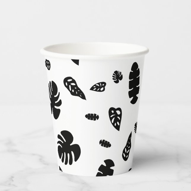 Schwarz-Weiß-Tropical Summer Blätter Muster Pappbecher (Vorderseite)