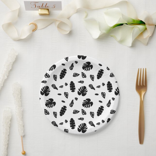 Schwarz-Weiß-Tropical Summer Blätter Muster Pappteller (Hochzeit)