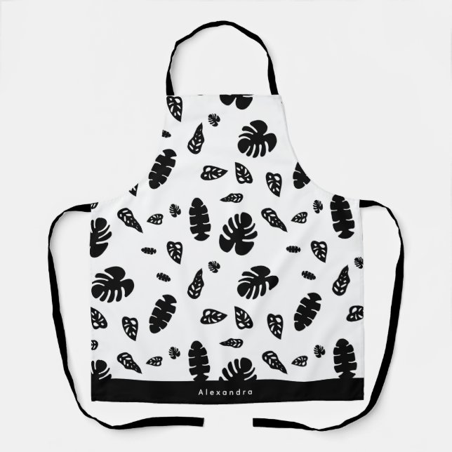 Schwarz-Weiß-Tropical Summer Blätter Muster Schürze (Vorderseite)