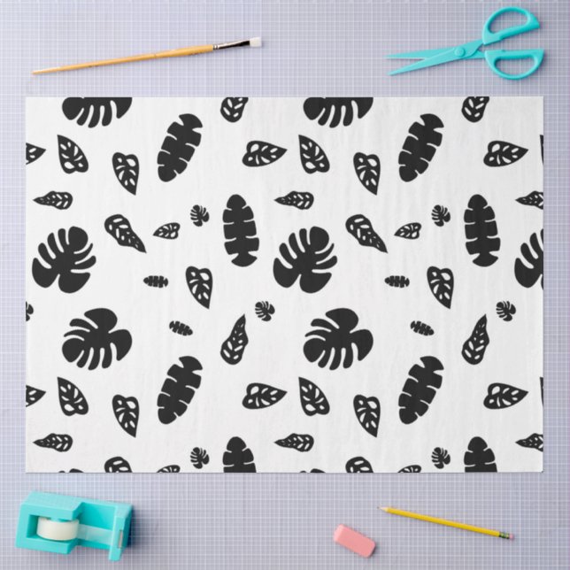 Schwarz-Weiß-Tropical Summer Blätter Muster Seidenpapier (Basteln)