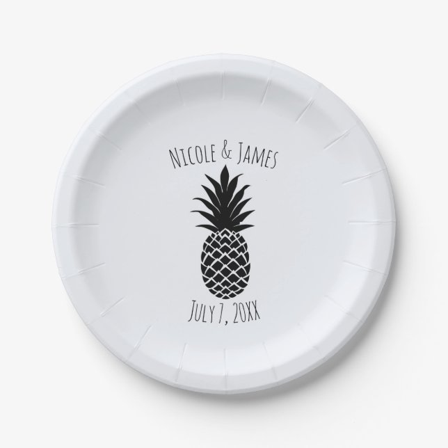 Schwarz & Weiß Tropische Ananas Eleganter Chic Pappteller (Vorderseite)