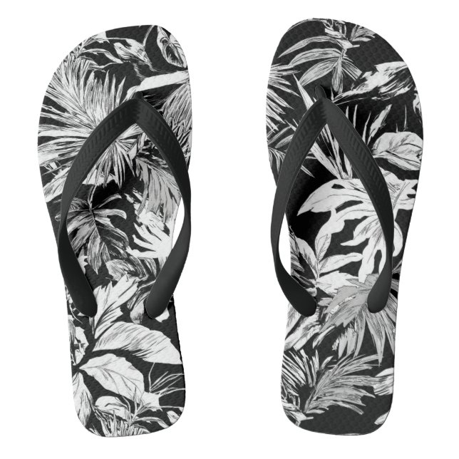 Schwarz-Weiß-Tropische Blätter Flip Flops für Stra (Fußbett)