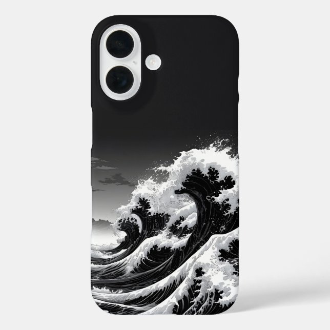 Schwarz-Weiß-Tsunami iPhone 16 Hülle (Rückseite)