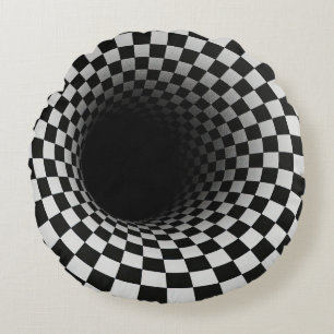 Schwarz-Weiß-Tunnel der optischen Täuschung Rundes Kissen