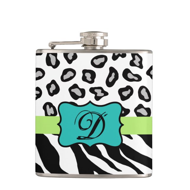 Schwarz-weiß Türkis Zebra Leopard Hautmonogramm Flachmann (Vorderseite)