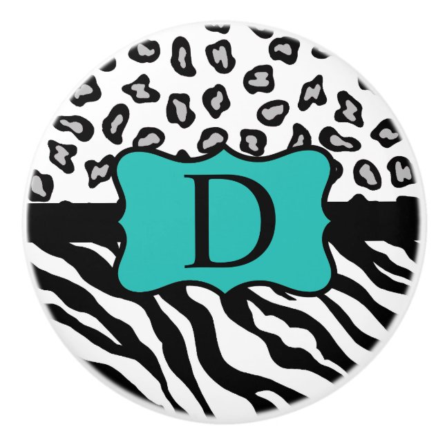 Schwarz-weiß Türkis Zebra Leopard Hautmonogramm Keramikknauf (Vorderseite)