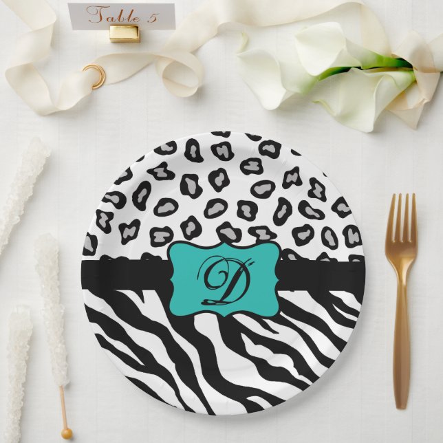 Schwarz-weiß Türkis Zebra Leopard Hautmonogramm Pappteller (Hochzeit)