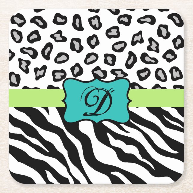 Schwarz-weiß Türkis Zebra Leopard Hautmonogramm Rechteckiger Pappuntersetzer (Vorderseite)