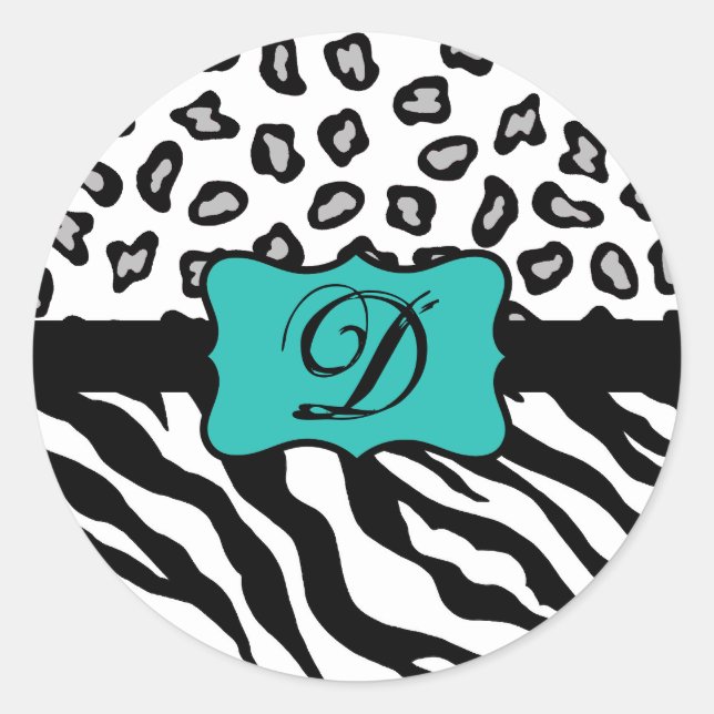 Schwarz-weiß Türkis Zebra Leopard Hautmonogramm Runder Aufkleber (Vorderseite)