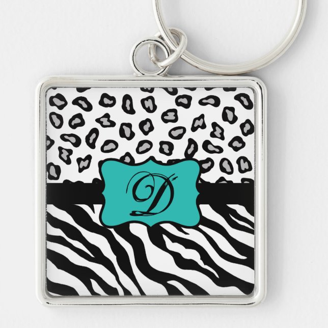 Schwarz-weiß Türkis Zebra Leopard Hautmonogramm Schlüsselanhänger (Vorne)
