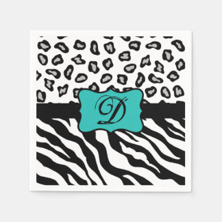 Schwarz-weiß Türkis Zebra Leopard Hautmonogramm Serviette