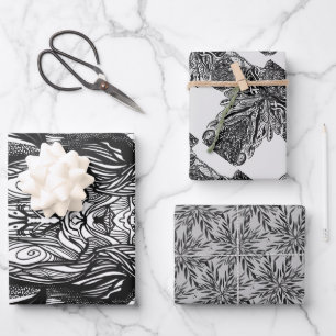 Schwarz-Weiß-Tuschezeichnungen Geschenkpapier Set