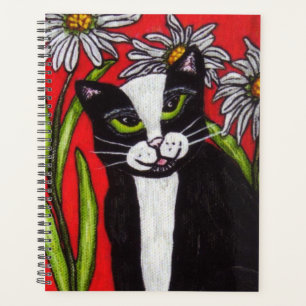 Schwarz-weiß Tuxedo Cat Green Eyes Daisy Blume Planer