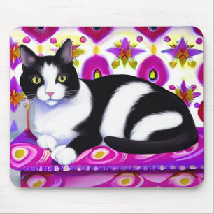 Schwarz-Weiß-Tuxedo-Katze auf Kissen Mousepad