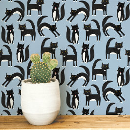 Schwarz-Weiß Tuxedo Katze Blau Kunst Tapete