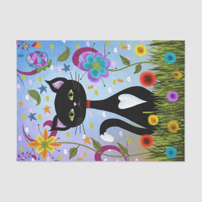 Schwarz-Weiß-Tuxedo-Katze im Garten Seidenpapier (Vorderseite)