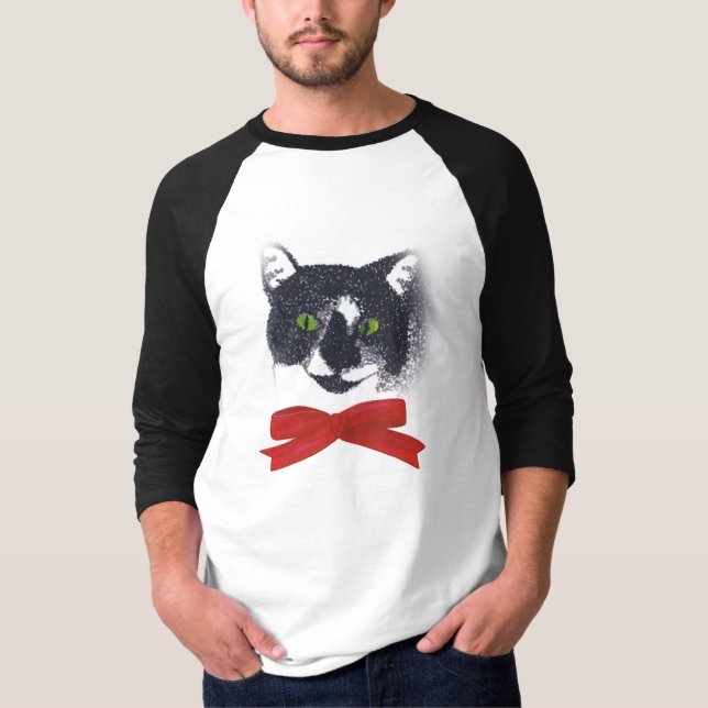 Schwarz-Weiß-Tuxedo-Katze mit rotem Bow, Tshirt (Vorderseite)