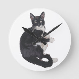 Schwarz-Weiß-Tuxedo-Katzenuhr Runde Wanduhr