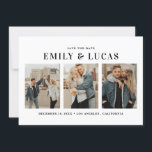 Schwarz-Weiß-Typografie Drei FotoCollagen Save The Date<br><div class="desc">Schwarz & Weiß Typografie Drei Foto Collage Save the Date Karte. Mit dieser modernen Save the Date-Karte verkünden Sie Ihr Hochzeitstag. Es zeichnet sich durch einfache Typografie mit schwarz-weißen Streifen Muster aus. Dieses Foto Save the Date ist eine perfekte Möglichkeit, Ihre beliebten Fotos in der Verlobung zu präsentieren. Ideal für...</div>