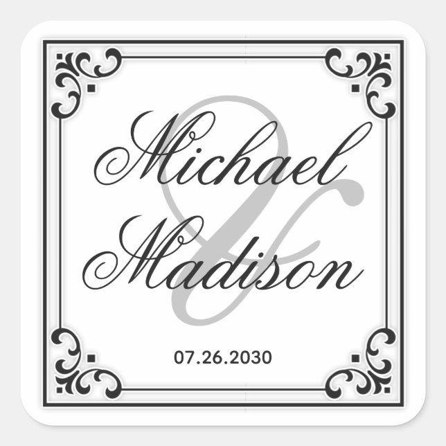 Schwarz-Weiß-Typografie Einfache Hochzeit Quadratischer Aufkleber (Vorderseite)