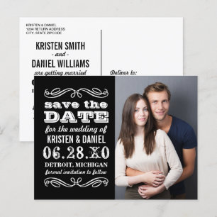 Schwarz-Weiß-Typografie-Foto Save the Date Ankündigungspostkarte