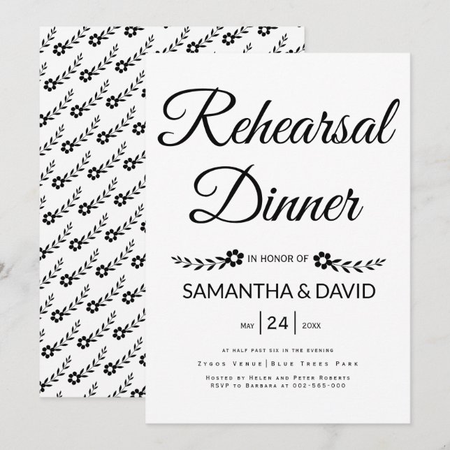 Schwarz-Weiß-Typografie Hochzeitsessen Probe Einladung (Vorne/Hinten)