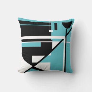 Schwarz-weiß über Bright Aqua Geometric Abstrakt A Kissen