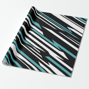 Schwarz, Weiß und Aquamarines, lineares Abstraktes Geschenkpapier