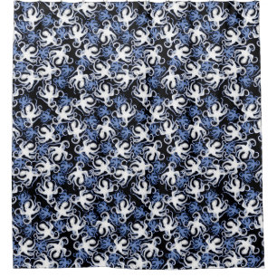 Schwarz, Weiß und Blauer Oktopus Nahtloses Muster Duschvorhang