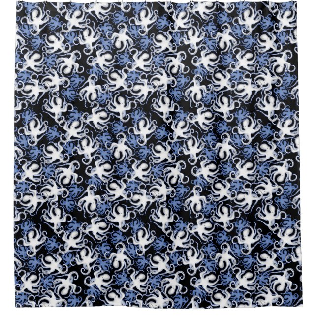 Schwarz, Weiß und Blauer Oktopus Nahtloses Muster Duschvorhang (Vorderseite)