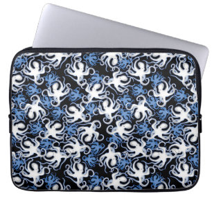 Schwarz, Weiß und Blauer Oktopus Nahtloses Muster Laptopschutzhülle