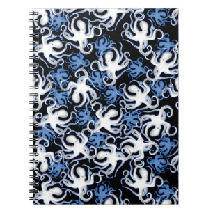 Schwarz, Weiß und Blauer Oktopus Nahtloses Muster Notizblock