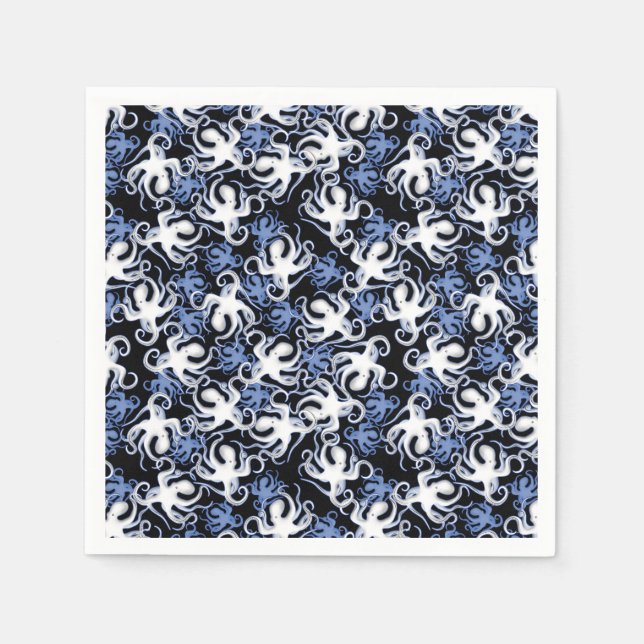 Schwarz, Weiß und Blauer Oktopus Nahtloses Muster Serviette (Vorderseite)