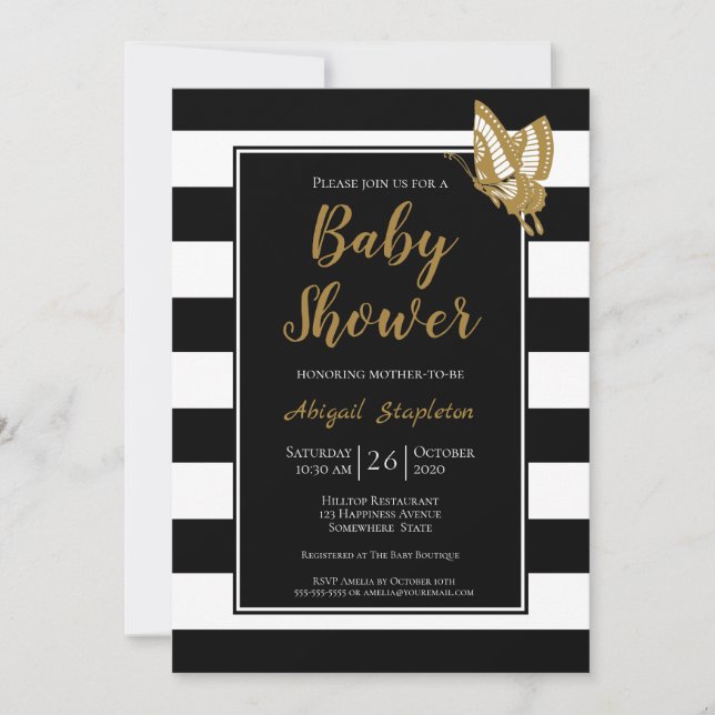 Schwarz-weiß- und Gold-Baby-Dusche Einladung (Vorderseite)