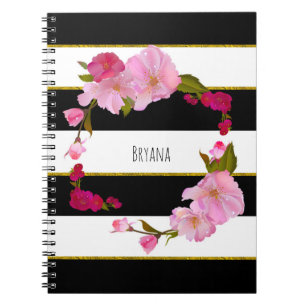 Schwarz Weiß und Gold Modern Floral Chic Glam Notizblock