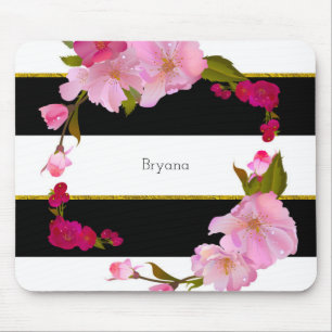 Schwarz Weiß und Gold Moderne Florale Eleganz Mousepad