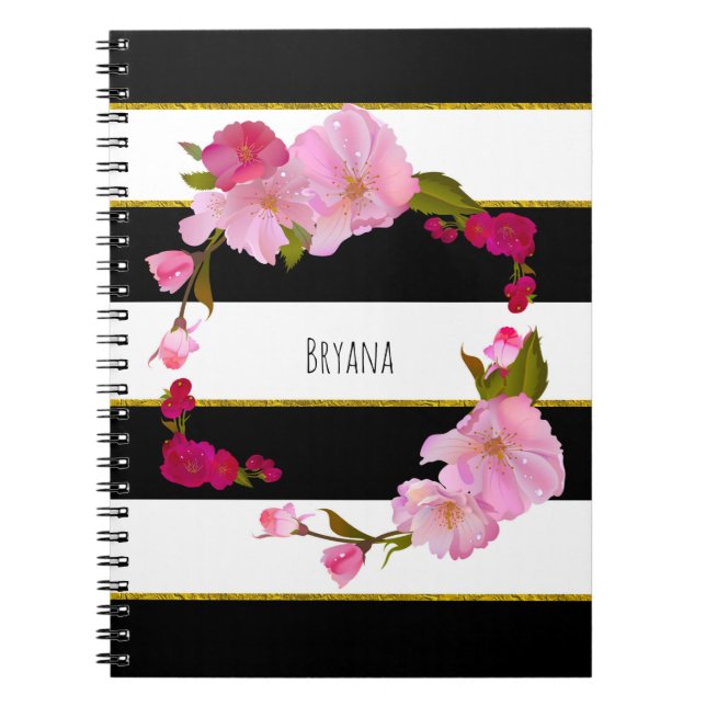 Schwarz-weiß und Gold Modernes, florales Chic Glam Notizblock (Vorderseite)