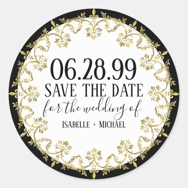 Schwarz, Weiß und GoldElegant Save the Date Runder Aufkleber (Vorderseite)