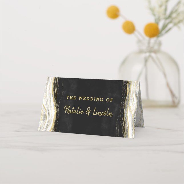 Schwarz-weiß- und Goldgeode-reservierte Hochzeit Platzkarte (Rückseite)