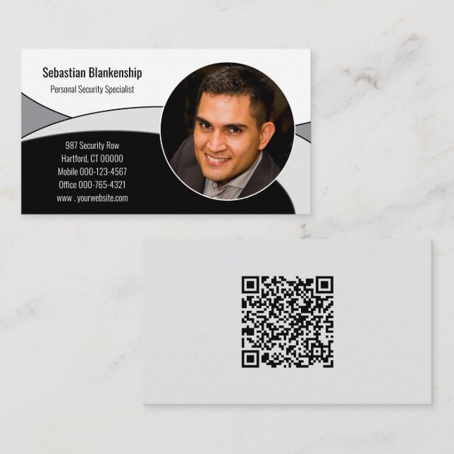 Schwarz, Weiß und Grau Abstrakt mit QR-Code und Fo Visitenkarte (Vorne/Hinten)