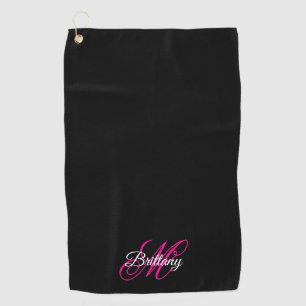 Schwarz Weiß und Hot Pink Fancy Schrift Monogramm Golfhandtuch