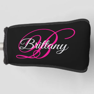 Schwarz Weiß und Hot Pink Fancy Script Monogramm Golf Headcover