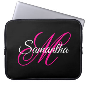 Schwarz Weiß und Hot Pink Fancy Script Monogramm Laptopschutzhülle