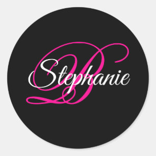Schwarz Weiß und Hot Pink Fancy Script Monogramm Runder Aufkleber