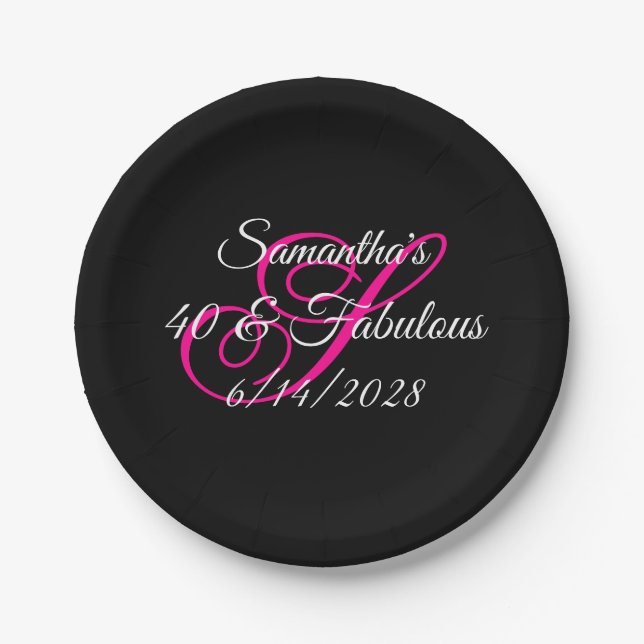 Schwarz-weiß und Hot-Pink Monogramm 40 & Fabulous Pappteller (Vorderseite)